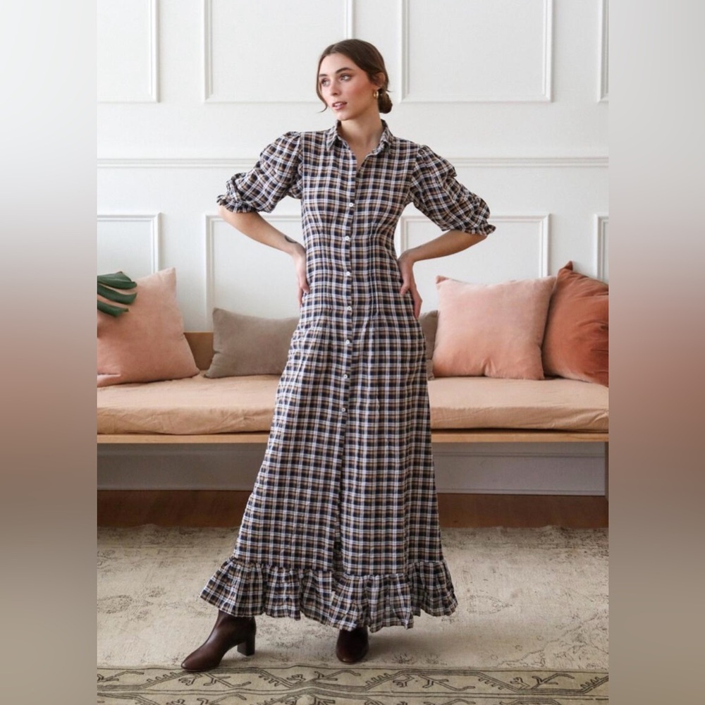 Mille Plaid Button-Down Maxi Dress in Brown & Cream